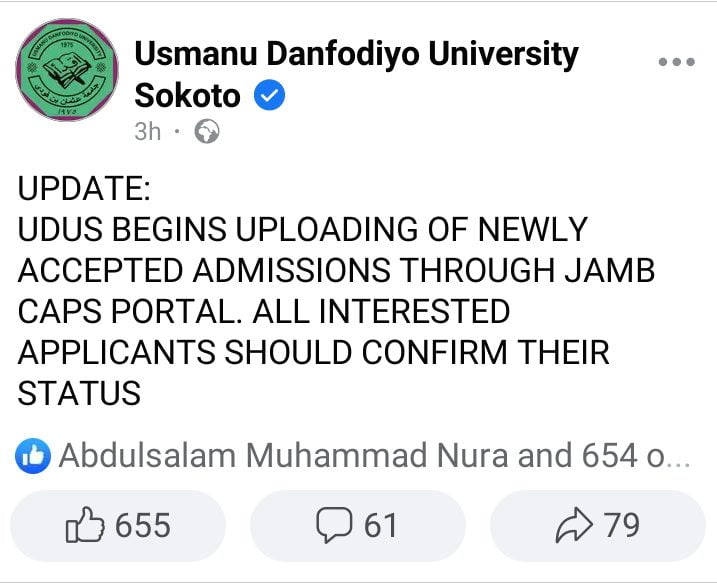 Usman Danfodio University Sokoto (UDUS) Facebook page